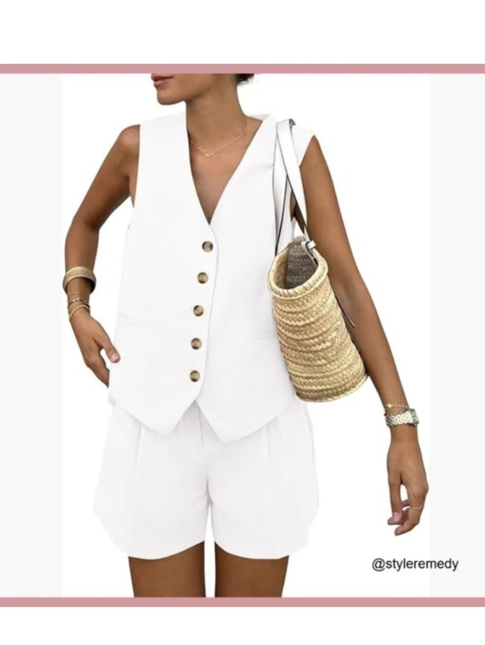 Pretty Garden | White Button Vest and Short Set - Picture 1 of 5